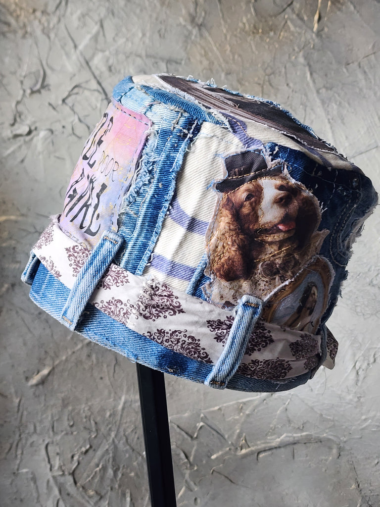 British Lord / Designer Top Hat Upcycled Raw Patch Dog Cameo Gold Frame Artisan Hat Artisan Hat Avant-Garde Sculptural Hat