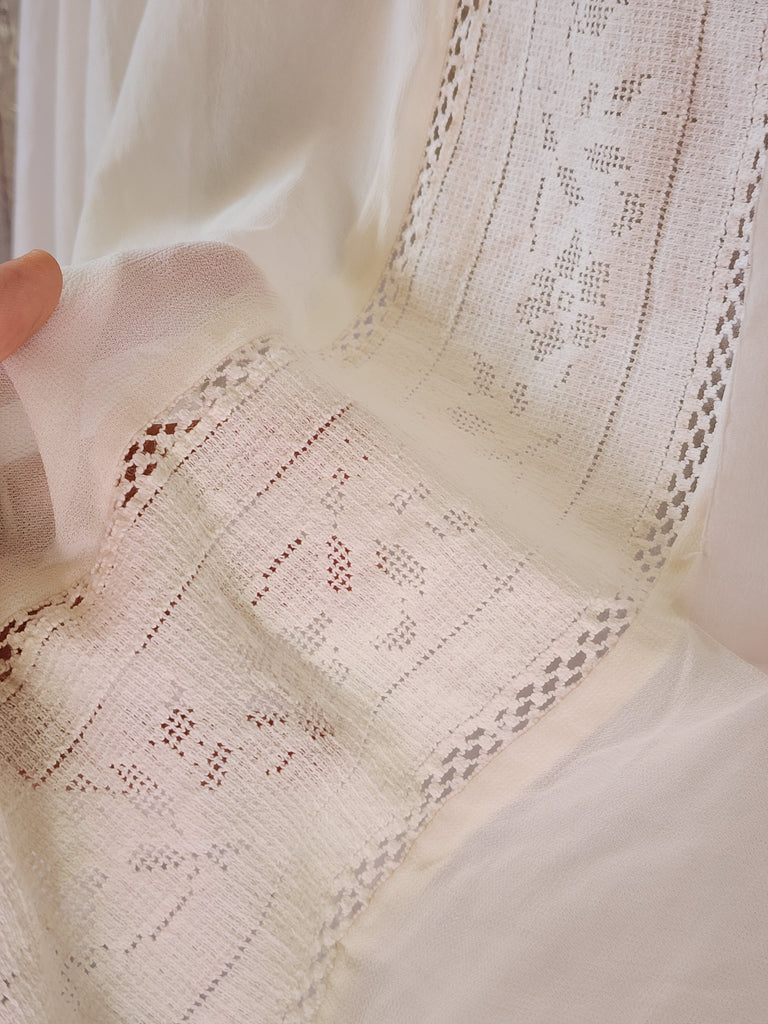 Quiet Drama / Bohemian Blouse Ivory Textured Lace Avant-garde Organic Drape Large Sculptural Rose Silk Fabric Flower