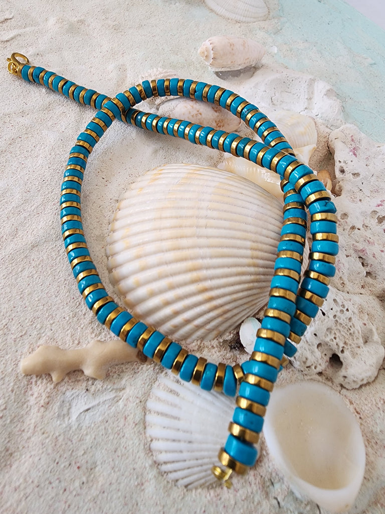 Snake Island / Surf Choker Natural Blue Stone Turquoise Unique Beaded Necklace for Men