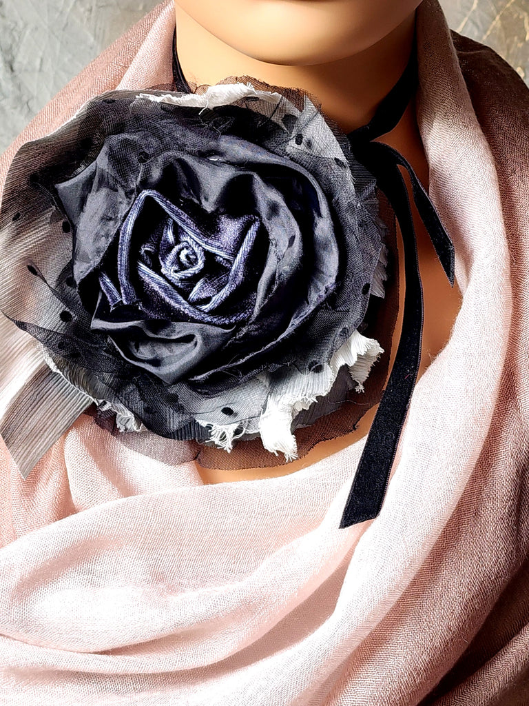 Baccara / Large Black Rose BowTie Jabot Vintage Lace Romantic Botanical Polka Dot Tulle Bohemian Accessories Black velvet Choker