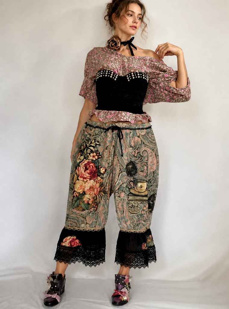 Renaissance Lore / Avant-garde Bloomers Victorian Pants Ruffles Rose Golden Lace Romantic Dark Academia Angel Aplique