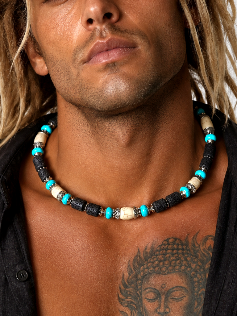 On The Wave / Large Surf Choker Natural Blue Stone Chrome Lava Unique Beaded Necklace for Men