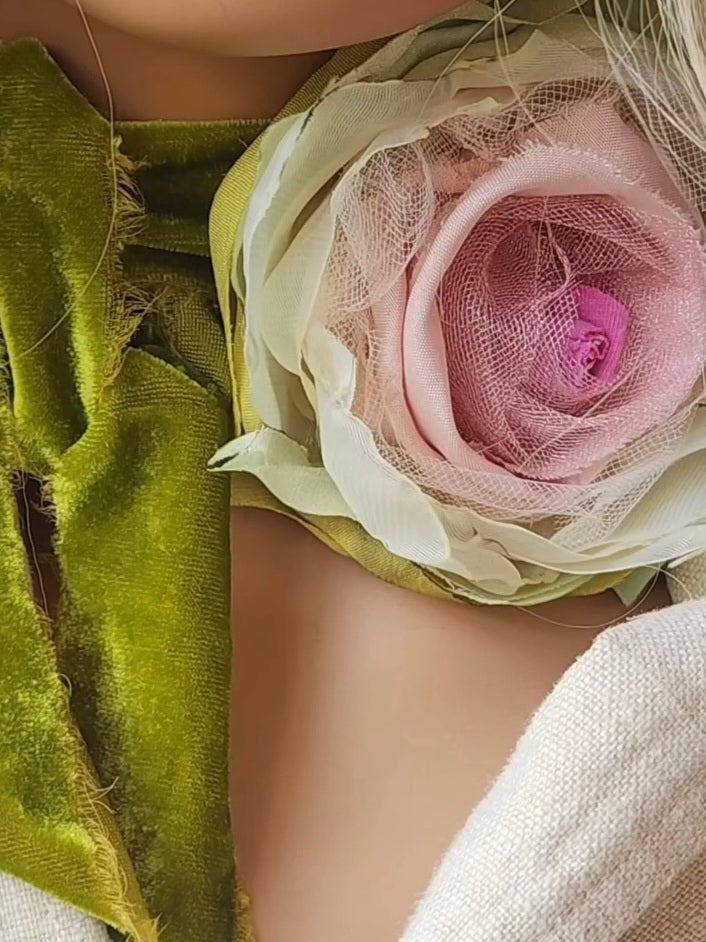 Monica Air / Vintage Lace Silk Cottage Romantic Flower Large Edwardian French Rose Bowtie Velvet Jabot Boho