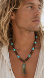 Bohemian Lover / Surf Choker Blue Stone Bronze Feather Unique Beaded Necklace for Men