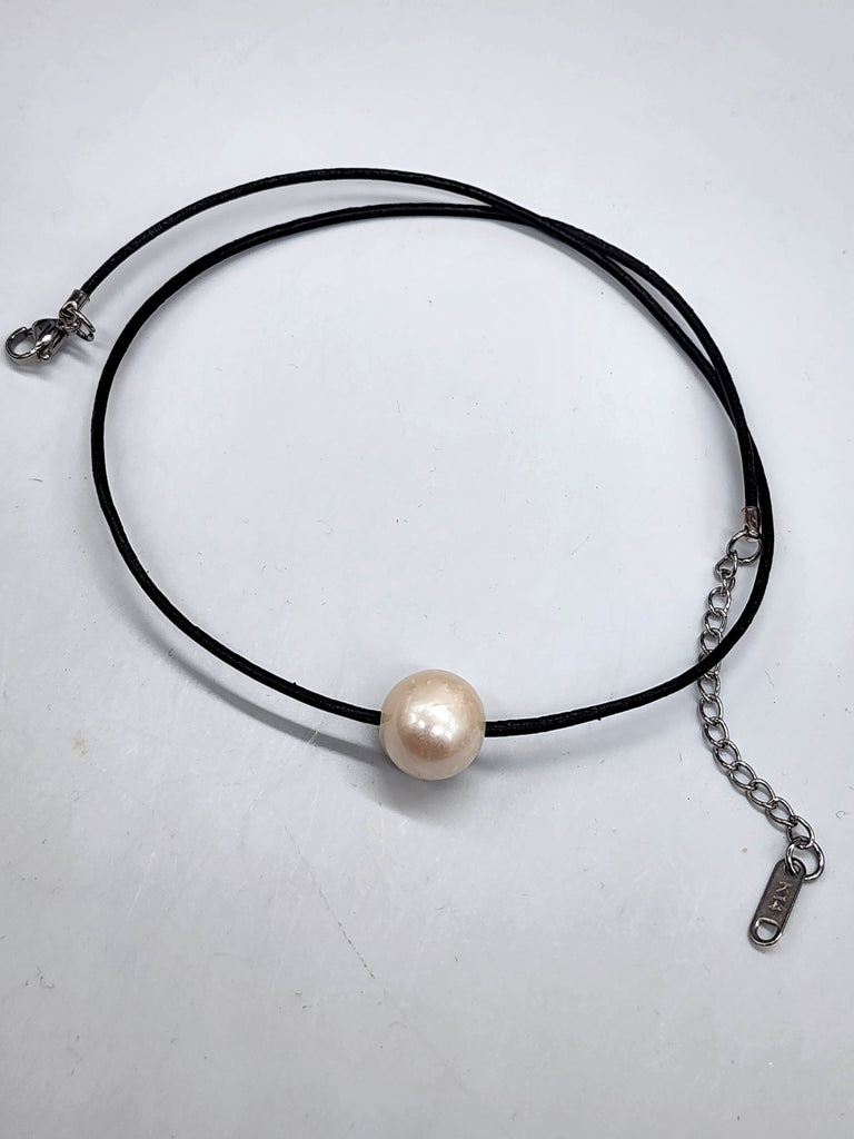 Floating Pearl / 14K White Gold Plated Chain Clasp Freshwatter Large Natural Pearl Genuine Black Leather