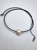 Floating Pearl / 14K White Gold Plated Chain Clasp Freshwatter Large Natural Pearl Genuine Black Leather