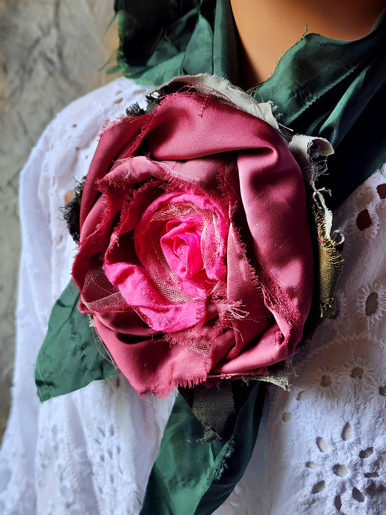 Madame Veronica / Vintage Lace Silk  Cottage Romantic Flower Large Edwardian French Rose BowtieJabot Boho