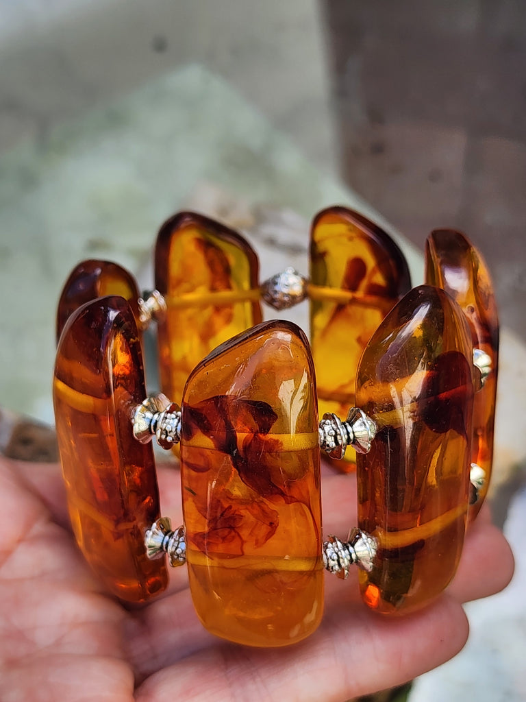 Look Into the Sun / Beeswax Lab Amber silver plated Resin atural Polymer Large Amber Bracelet Honey Color
