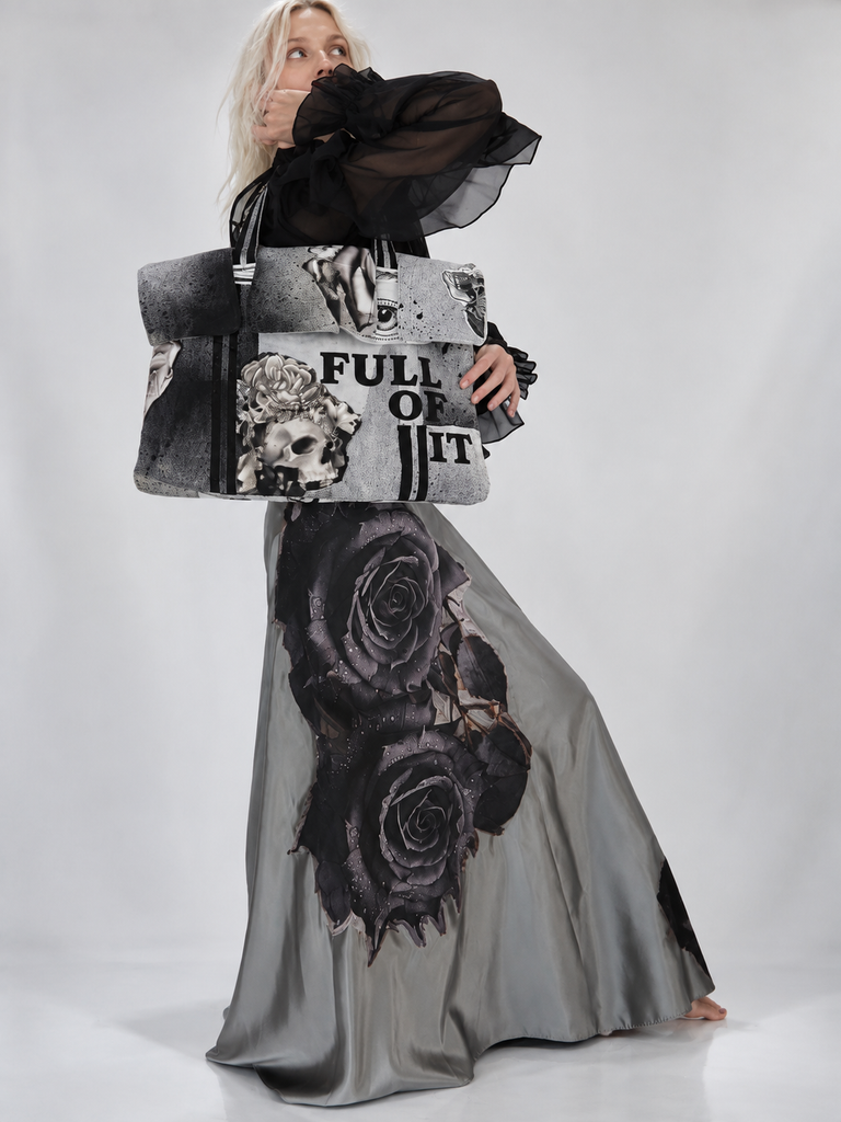 FOLL OF IT / Designer Handbag Distressed Black Denim Scull Appliqué Logo Eye Patch Appliqué Avant-garde Street-wear