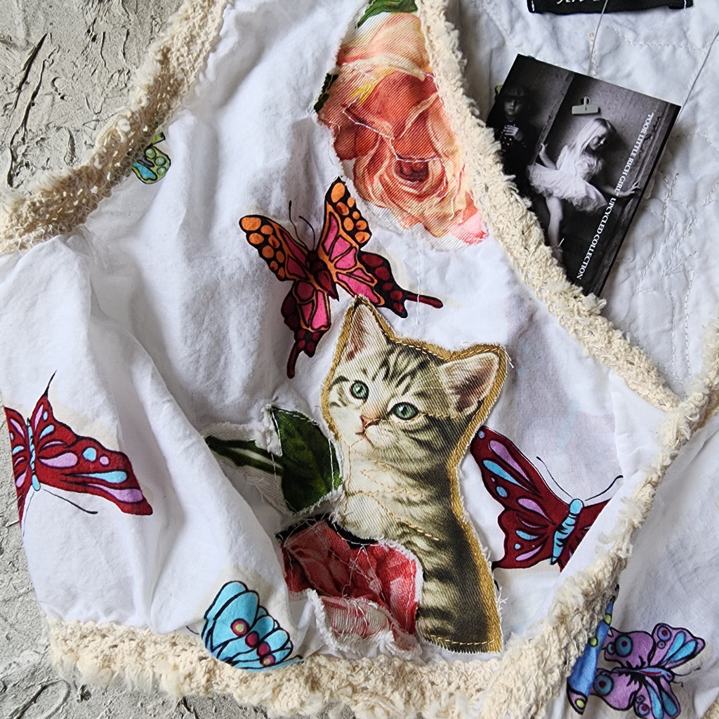 Morning Garden / Designer Victorian Top Ruffle European Cotton Cat Rose Hand Patched Distressing Patchwork Floral Top