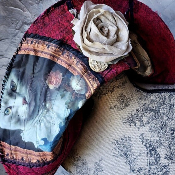 Baroque Cat / Burgundy Denim Designer Top Hat Ripped Patched Cottage Hand Stitched Of-White Peony/Rose Pin
