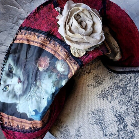 Baroque Cat / Burgundy Denim Designer Top Hat Ripped Patched Cottage Hand Stitched Of-White Peony/Rose Pin