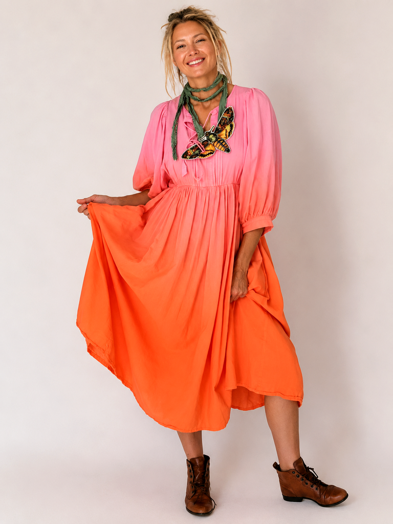 Ombré Tangerine Halyna / Designer Dress Upcycled Ombré Pink Tangerine Shabby Chic Cottage Butterfly JabotPatched Logo Monogram