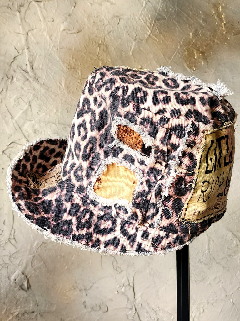 OP-La GURSON / Avant-Garde Top Hat Sculptured Designer French Garçon Cap Upcycled Leopard Raw Cut Patched