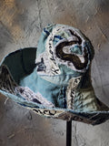 ARCHIVIST / Avant-Garde Sculptured Tophat Wide Side Upcycled Denim Raw Cut Snake Print Patched Dark Academy Vintage style