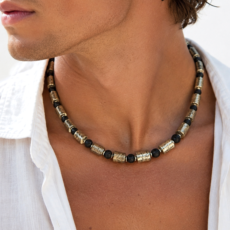 Lava And Chrome / Large Surf Choker Natural Blue Stone Lava Unique Beaded Necklace for Men