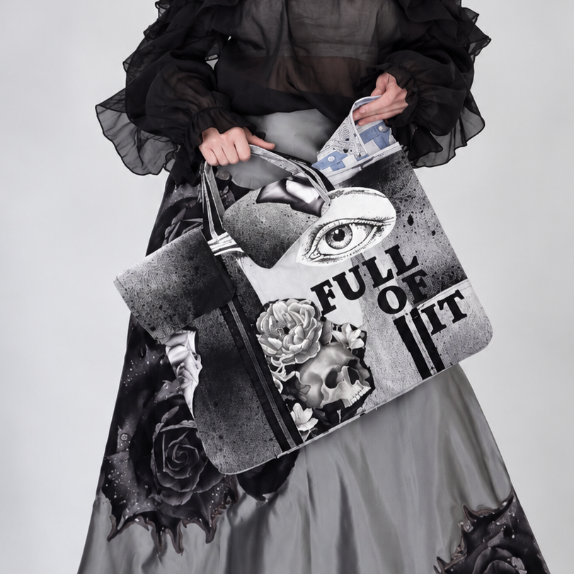 FOLL OF IT / Designer Handbag Distressed Black Denim Scull Appliqué Logo Eye Patch Appliqué Avant-garde Street-wear