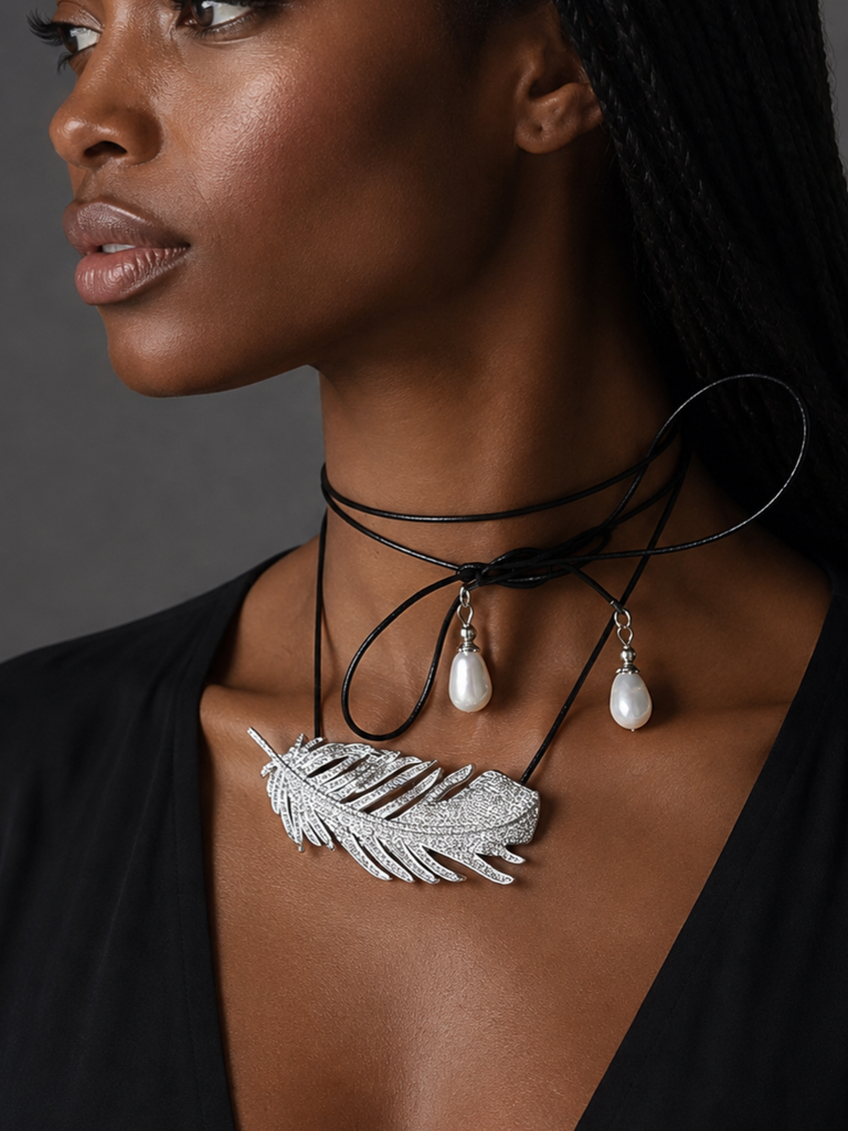 Patricia Night / 14K Gold plated Designer Couture Statement Necklace Feather Choker Topaz Pave Genuine Leather Pearl Lariat