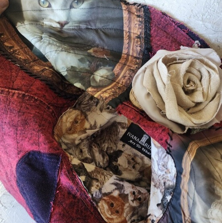 Baroque Cat / Burgundy Denim Designer Top Hat Ripped Patched Cottage Hand Stitched Of-White Peony/Rose Pin