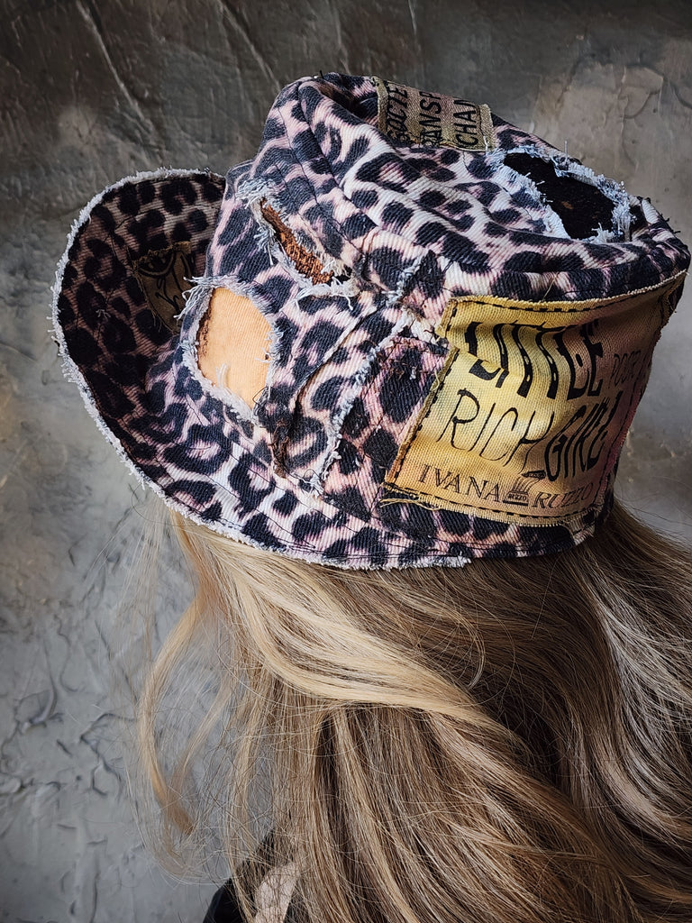 OP-La GURSON / Avant-Garde Top Hat Sculptured Designer French Garçon Cap Upcycled Leopard Raw Cut Patched
