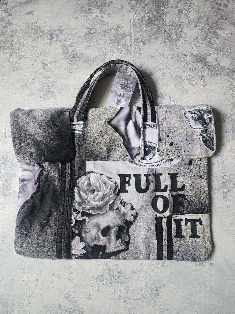 FOLL OF IT / Designer Handbag Distressed Black Denim Scull Appliqué Logo Eye Patch Appliqué Avant-garde Street-wear