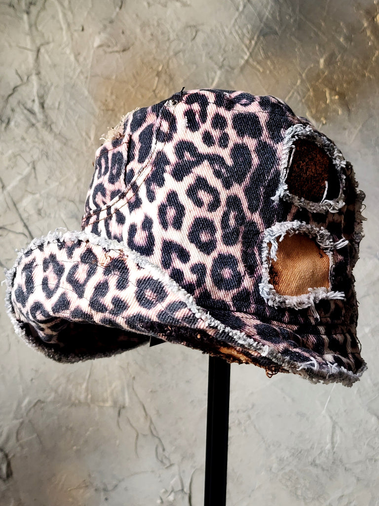 OP-La GURSON / Avant-Garde Top Hat Sculptured Designer French Garçon Cap Upcycled Leopard Raw Cut Patched