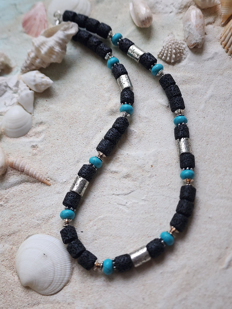 SURF / Large Surf Choker Natural Blue Stone Chrome Lava Unique Beaded Necklace for Men