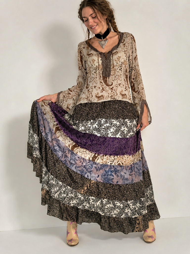 Lola's Day / Designer Garment Maxi Dress 100% Silk Shabby Chic Hippie Cottage Boho Upcycled Couture