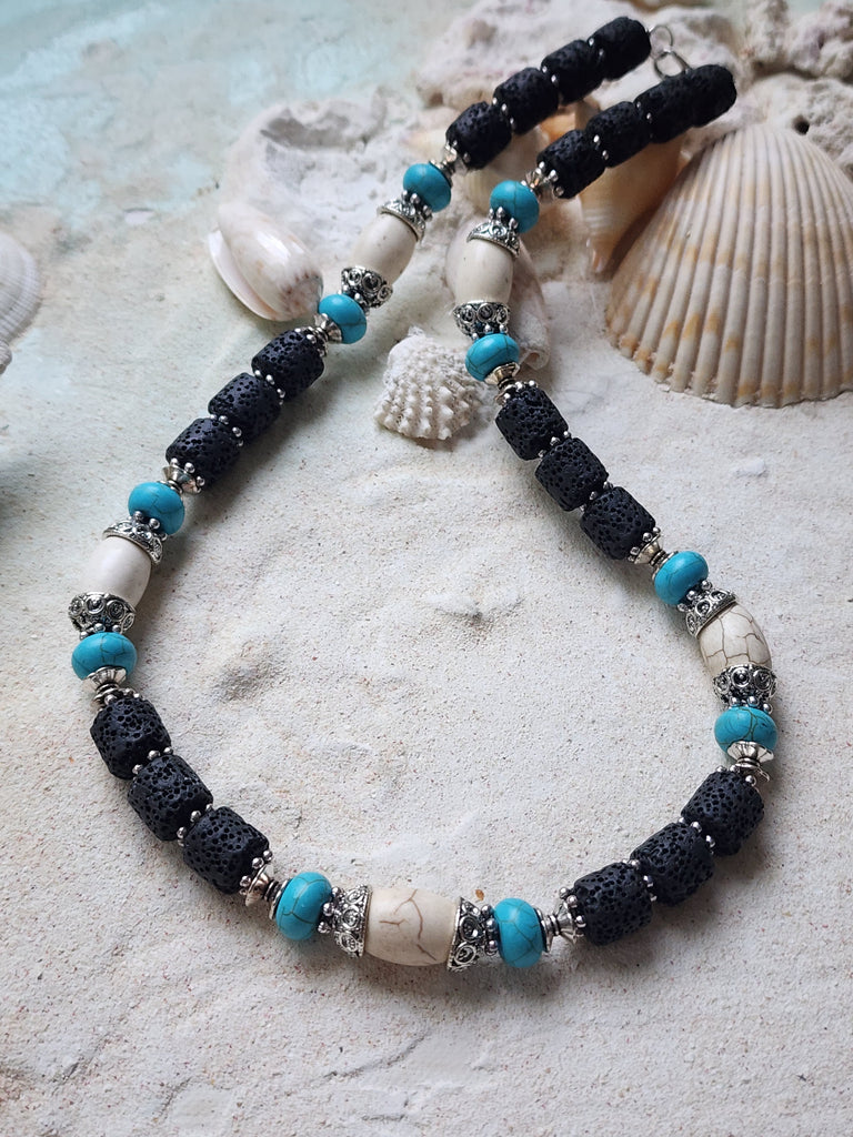 On The Wave / Large Surf Choker Natural Blue Stone Chrome Lava Unique Beaded Necklace for Men