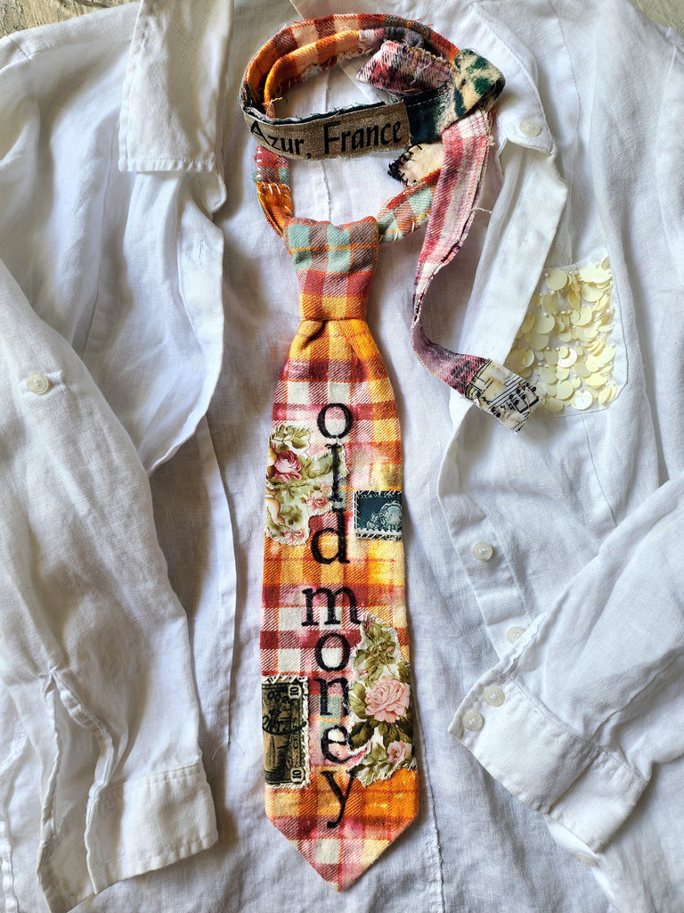 OLD MONEY CRAVAT / Shabby Chic Tie Jabot Bohemian Upcycled Plaid Boho Necklace Upcycled Cottage Patched Artisan Bowtie