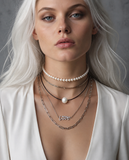 Floating Pearl / 14K White Gold Plated Chain Clasp Freshwatter Large Natural Pearl Genuine Black Leather