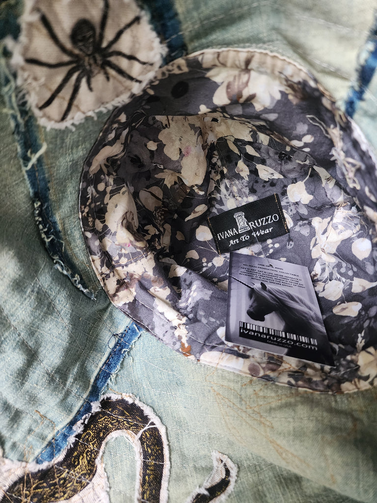 ARCHIVIST / Avant-Garde Sculptured Tophat Wide Side Upcycled Denim Raw Cut Snake Print Patched Dark Academy Vintage style