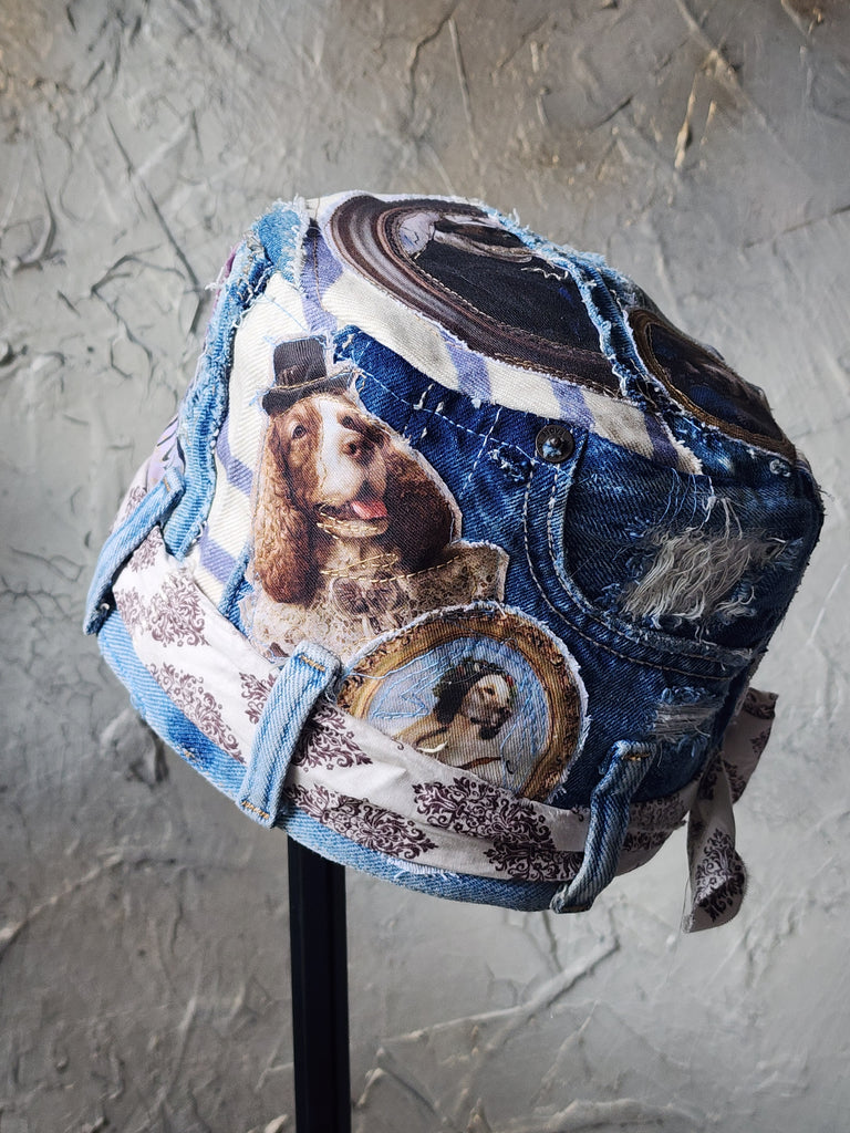 British Lord / Designer Top Hat Upcycled Raw Patch Dog Cameo Gold Frame Artisan Hat Artisan Hat Avant-Garde Sculptural Hat