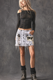 Swifty / Authentic Avant-Garde Designer Mini Skirt Upcycled Gazette Print Denim Shabby Chic Raw Cut Concept Street wear