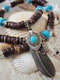 Bohemian Lover / Surf Choker Blue Stone Bronze Feather Unique Beaded Necklace for Men