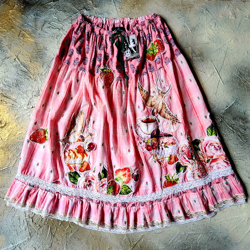 High Tea / Maxi Skirt Vintage Lace Cottage European Cotton Tea Cup Butterfly Rose Bird Boho style Upcycled Recycled Hand Stitched