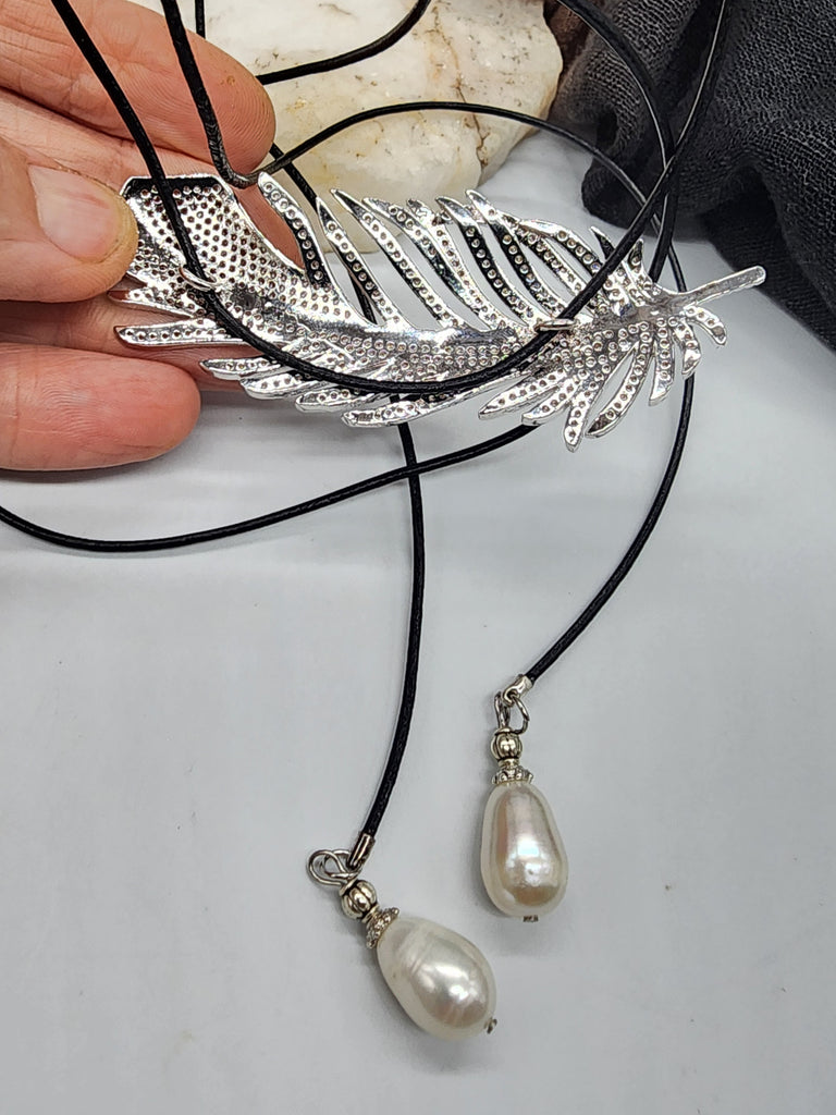 Patricia Night / 14K Gold plated Designer Couture Statement Necklace Feather Choker Topaz Pave Genuine Leather Pearl Lariat