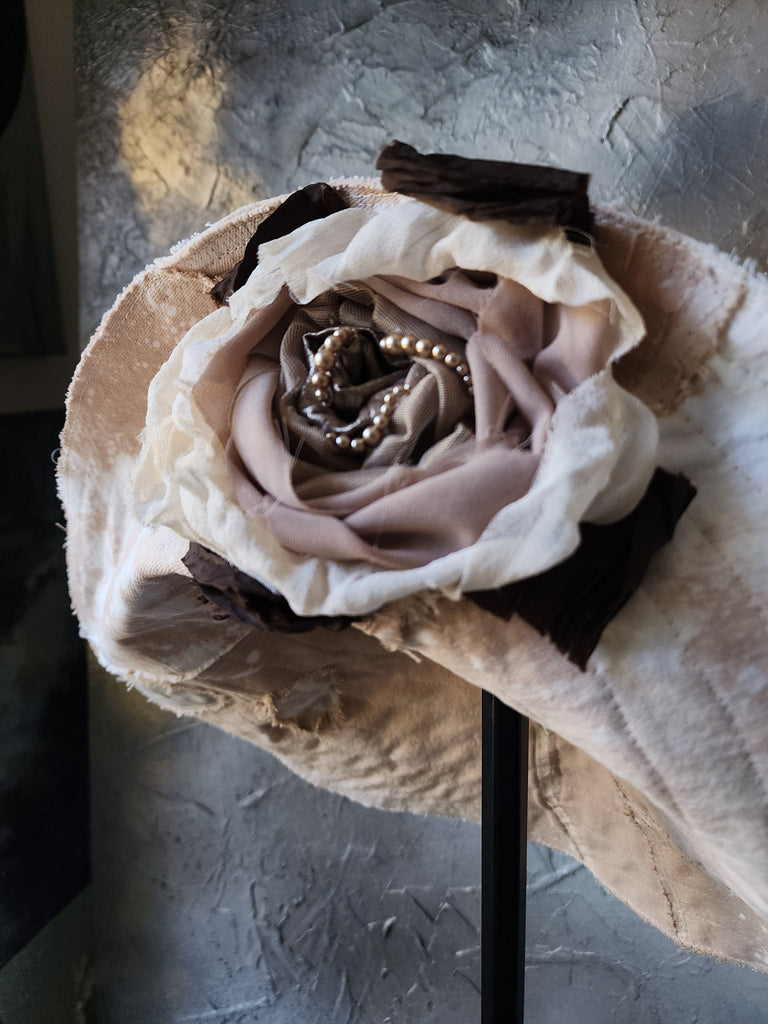 Comtesse La Fleur / Designer Top Hat Upcycled Raw Wide-Brim Rose Pin Pearl Embellishment Patched Artisan Hat