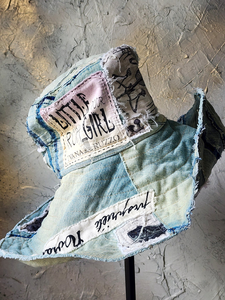 ARCHIVIST / Avant-Garde Sculptured Tophat Wide Side Upcycled Denim Raw Cut Snake Print Patched Dark Academy Vintage style