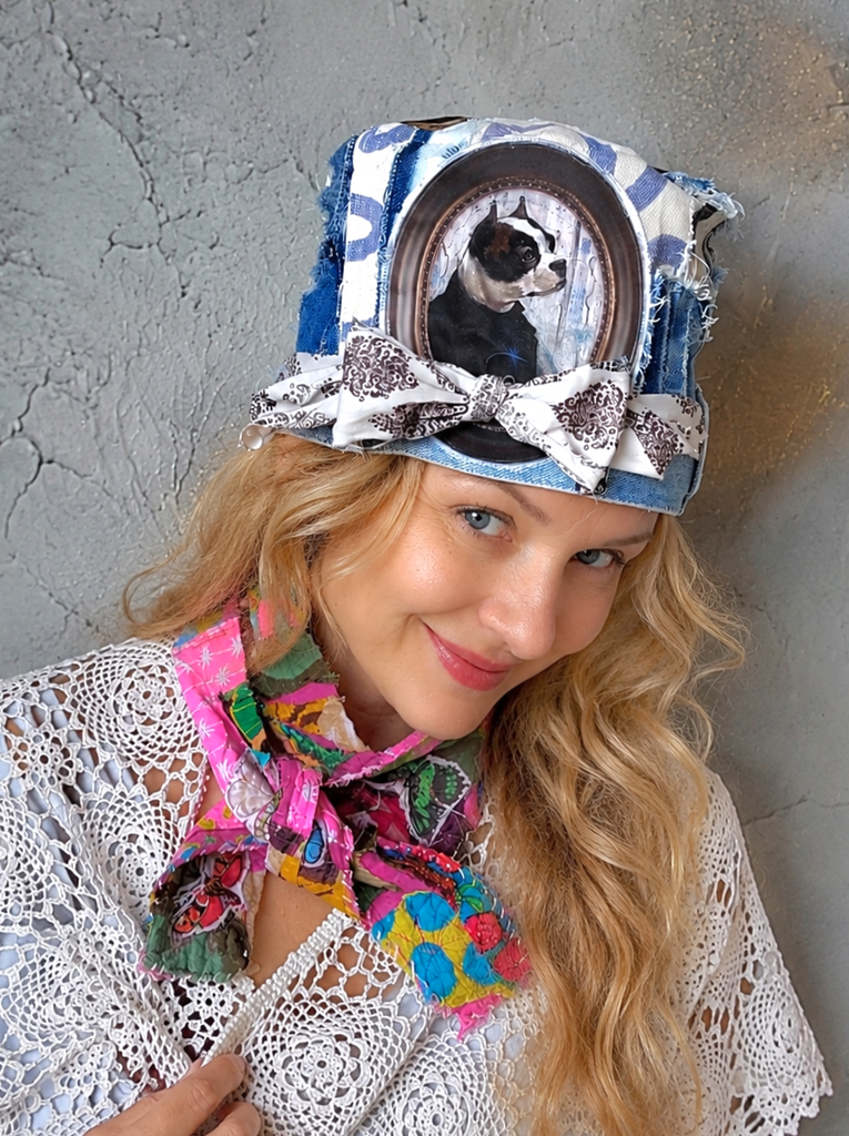 British Lord / Designer Top Hat Upcycled Raw Patch Dog Cameo Gold Frame Artisan Hat Artisan Hat Avant-Garde Sculptural Hat