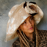 Comtesse La Fleur / Designer Top Hat Upcycled Raw Wide-Brim Rose Pin Pearl Embellishment Patched Artisan Hat