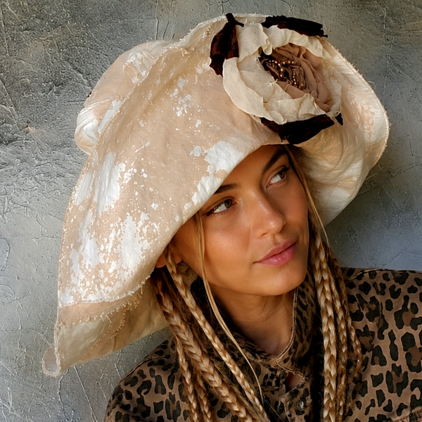 Comtesse La Fleur / Designer Top Hat Upcycled Raw Wide-Brim Rose Pin Pearl Embellishment Patched Artisan Hat