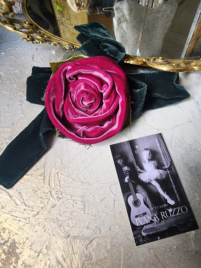 Burgundy Chic / Cottage Velvet Jabot Bow Tie Romantic Flower Fabric Rose Camellia Velvet Scarf Green Velvet Scarf