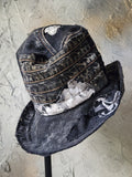 SAINT AND RELIC NUMBER 5 / AVANT-GARDE TOP HAT SKULL APLIQUE UPCYCLED BLACK DENIM SCULPTURED ARTISAN HAT