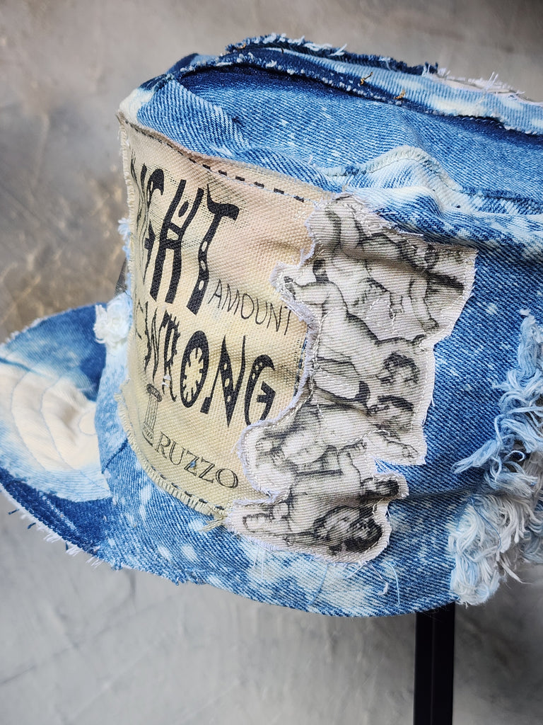 L'AZUR DE GURSON / Avant-Garde Top Hat Sculptured Designer French Garçon Cap Upcycled Blue Denim Raw Cut Patched