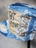 L'AZUR DE GURSON / Avant-Garde Top Hat Sculptured Designer French Garçon Cap Upcycled Blue Denim Raw Cut Patched