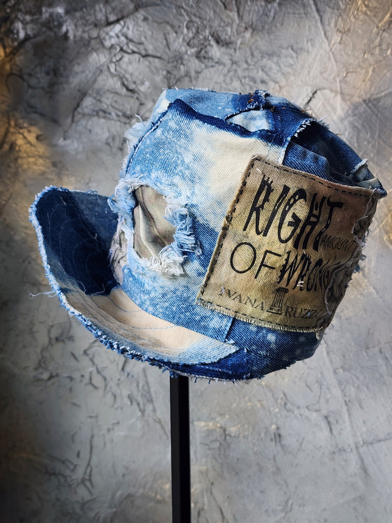 L'AZUR DE GURSON / Avant-Garde Top Hat Sculptured Designer French Garçon Cap Upcycled Blue Denim Raw Cut Patched