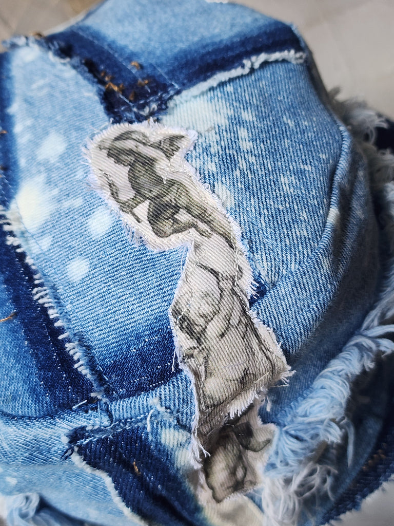 L'AZUR DE GURSON / Avant-Garde Top Hat Sculptured Designer French Garçon Cap Upcycled Blue Denim Raw Cut Patched
