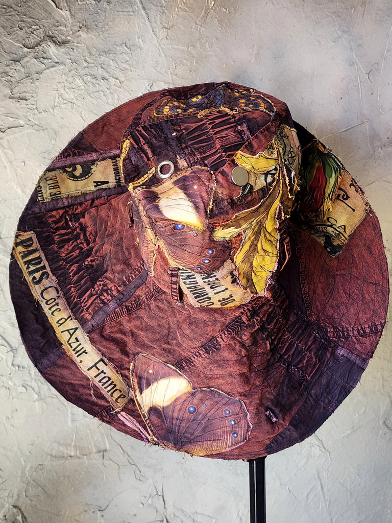 Melanitis Leda / Designer Top Hat Upcycled Raw Wide-Brim Butterfly Patched Artisan Hat Avant-Garde Sculptural Hat