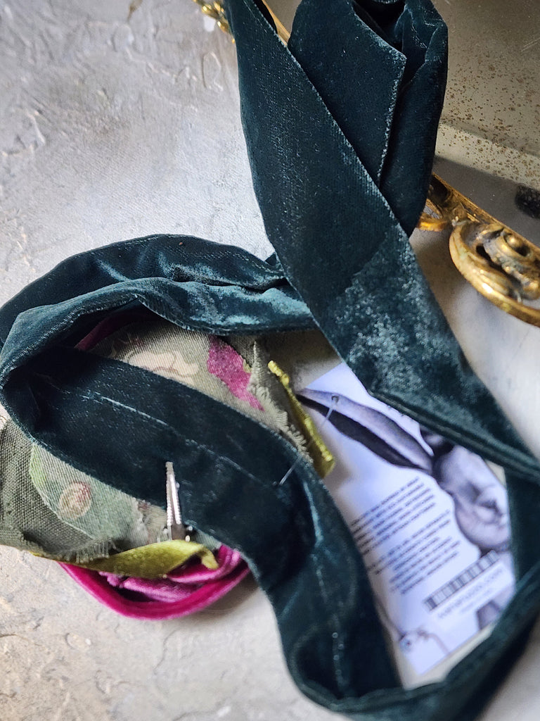 Burgundy Chic / Cottage Velvet Jabot Bow Tie Romantic Flower Fabric Rose Camellia Velvet Scarf Green Velvet Scarf